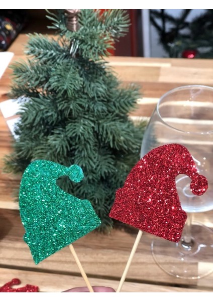 Yeşil ve Kırmızı Simli Eva Yılbaşı Şapkası, 10'lu Set, Eğlence Dolu Kutlama Aksesuarı fiyatları