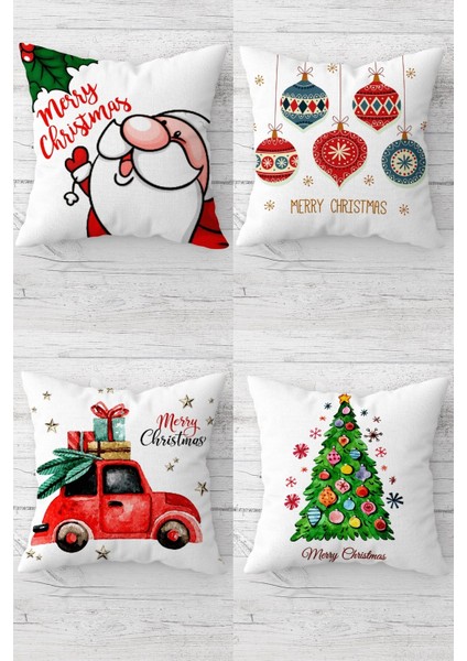 Renkli Noel Baba ve Çam Ağacı Temalı Yılbaşı Kırlent Kılıfı Takım (4'lü)