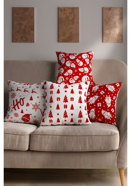 Yılbaşı Noel Baba Figürlü 4'lü Kırlent Kılıfı, Kırmızı Beyaz Dijital Baskılı