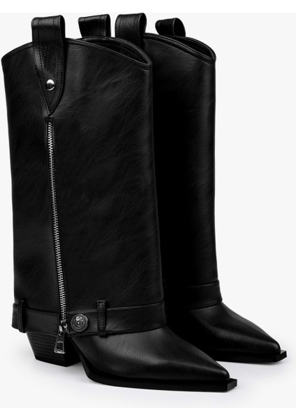 Kadın Astral Siyah Cilt Fermuar Detaylı Kovboy Çizme