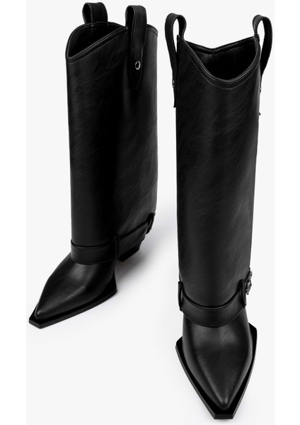 Kadın Astral Siyah Cilt Fermuar Detaylı Kovboy Çizme modelleri