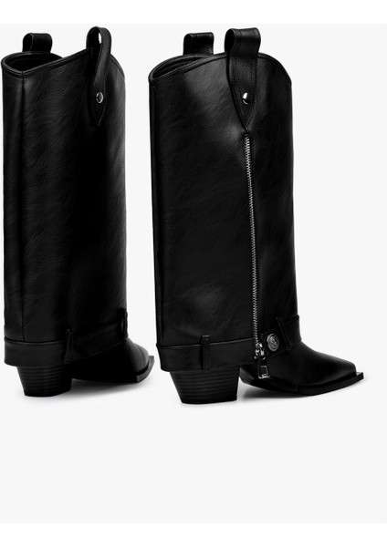 Kadın Astral Siyah Cilt Fermuar Detaylı Kovboy Çizme fırsatları