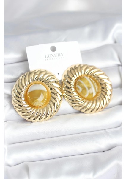 Bfs Pirinç Gold Renk Kehribar Boncuklu Vintage Kadın Küpe