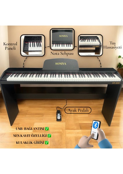 SN650 Piyano 88 Tuşlu Tuş Hassasiyetli Piyano Ses kaydetme Özelliği Usb Girişikulaklık Girişi