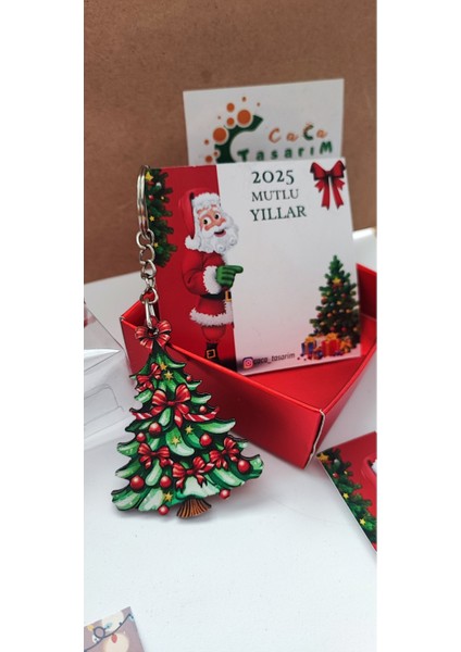 Yılbaşı Temalı Ahşap Anahtarlık ve Çanta Süsü Seti 2'li Kutulu Hediyelik