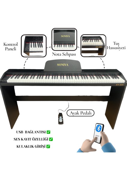 SN650 Piyano 88 Tuşlu Tuş Hassasiyetli Piyano Ses kaydetme Özelliği Usb Girişikulaklık Girişi fiyatları