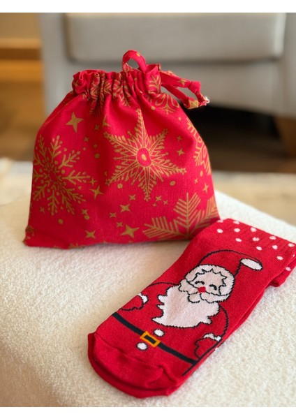 Kar Tanesi Desenli, Noel Temalı Keten Bez Kese ve Puantiyeli Unisex Yılbaşı Çorap Seti fiyatları