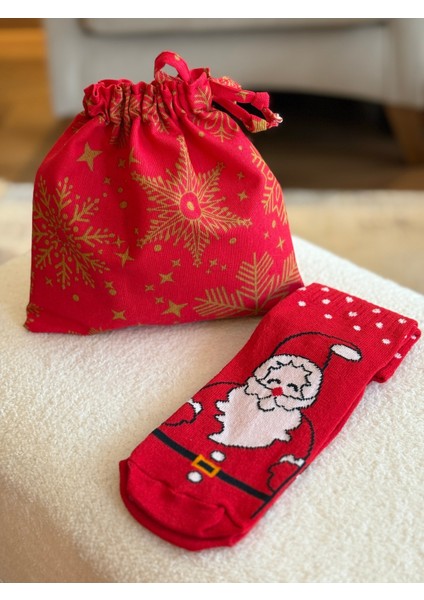 Kar Tanesi Desenli, Noel Temalı Keten Bez Kese ve Puantiyeli Unisex Yılbaşı Çorap Seti modelleri