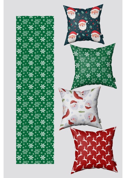 Yılbaşı Temalı Lacivert Kırmızı Geyik ve Kar Taneleri Kırlent ve Runner Seti