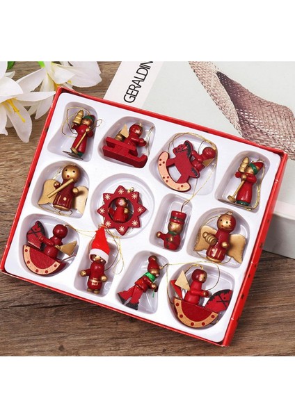 12 Adet Ahşap Noel Süsleri, Minyatür Ağaç Süsü, Hediye ve Dekorasyon Seti