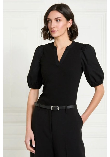 Kadın Siyah V Yaka Kısa Kollu Pamuklu Ribanalı Dokuma Balon Kol Yazlık Şık Günlük Bluz - Kadın Bluz