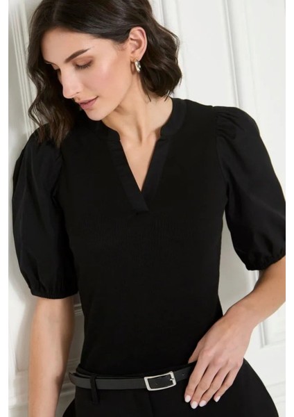 Kadın Siyah V Yaka Kısa Kollu Pamuklu Ribanalı Dokuma Balon Kol Yazlık Şık Günlük Bluz - Kadın Bluz fiyatları