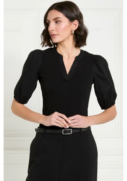 Kadın Siyah V Yaka Kısa Kollu Pamuklu Ribanalı Dokuma Balon Kol Yazlık Şık Günlük Bluz - Kadın Bluz modelleri