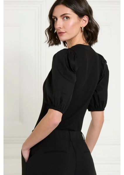 Kadın Siyah V Yaka Kısa Kollu Pamuklu Ribanalı Dokuma Balon Kol Yazlık Şık Günlük Bluz - Kadın Bluz fırsatları