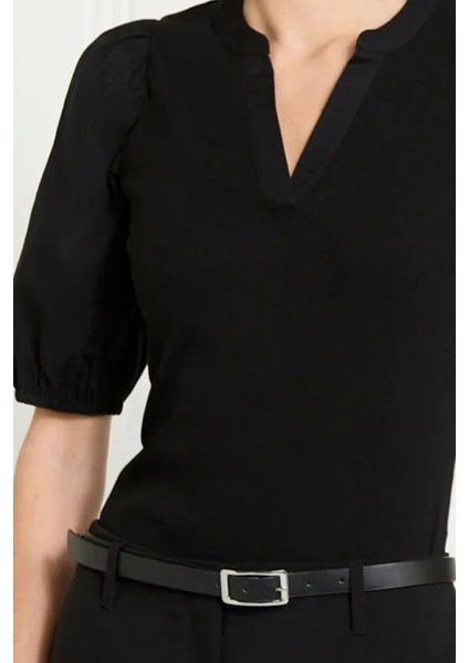 Kadın Siyah V Yaka Kısa Kollu Pamuklu Ribanalı Dokuma Balon Kol Yazlık Şık Günlük Bluz - Kadın Bluz indirimleri