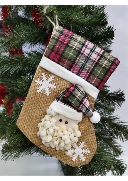 Yılbaşı Noel Askılı Çorap Süs 16X23 cm Noel Baba Figürlü Haki Renkli Dekorasyon