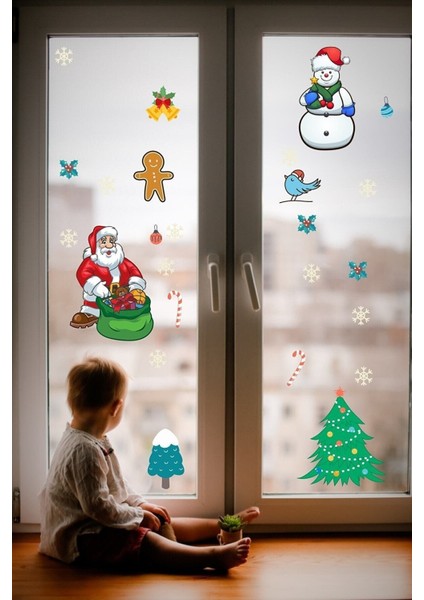 Yılbaşı Temalı Şeffaf Cam Duvar Sticker Kardan Adam ve Noel Baba Süsleri fiyatları