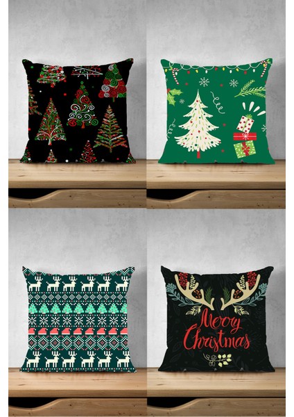 Çift Taraf Noel Temalı Siyah Çam Ağaç Dekoratif Kırlent Kılıfı