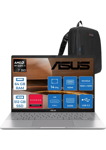 Vivobook S14 M3407KA Ryzen™ Aı 7 350 64GB Ddr5 512GB SSD Amd Radeon™ Graphics 14.0-Inch, Wuxga (1920 x 1200) OLED 0.2ms 300NITS Freedos Taşınabilir Bilgisayar WSF075F22+ZETTAÇANTA