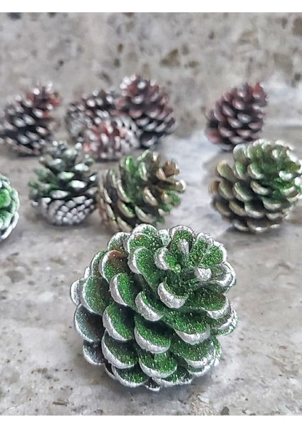 Yeşil Simli Kozalak Süs Seti, Noel ve Yeniyıl Için 6 Adet Dekoratif Ürün
