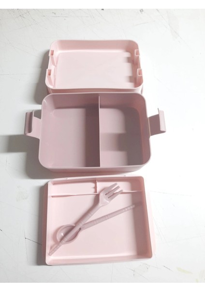 Kulplu Beslenme Kabı 2 Bölmeli Mandallı Diyet Kabı -Çatal Kaşık Dahildir