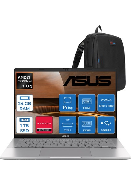 Vivobook S14 M3407KA Ryzen™ Aı 7 350 24GB Ddr5 1tb SSD Amd Radeon™ Graphics 14.0-Inch, Wuxga (1920 x 1200) OLED 0.2ms 300NITS Freedos Taşınabilir Bilgisayar WSF075F08+ZETTAÇANTA