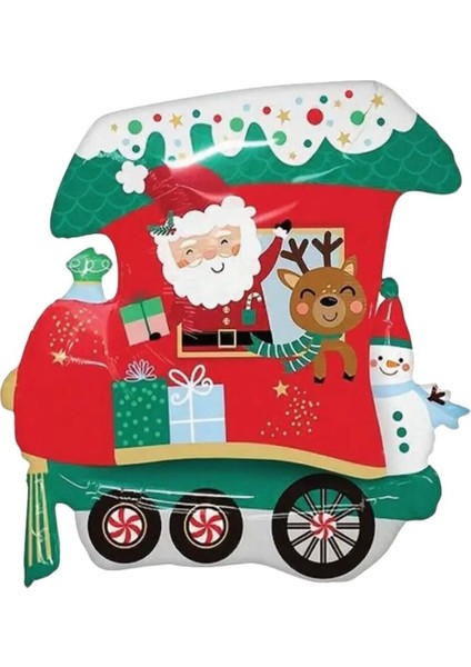 Yılbaşı Treni ve Geyik Folyo Balon 66X60 Cm, Kırmızı Renkli, Eğlenceli Dekorasyon