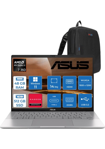 Vivobook S14 M3407KA Ryzen™ Aı 7 350 48GB Ddr5 512GB SSD Amd Radeon™ Graphics 14.0-Inch, Wuxga (1920 x 1200) OLED 0.2ms 300NITS WIN11PRO Taşınabilir Bilgisayar WSF075P17+ZETTAÇANTA