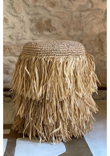 Doğal Lif Püsküllü Puf, 45 Cm, Üç Kat Saçak, Salon Puf, Tabure, Bohem Dekor, Oturma Pufu