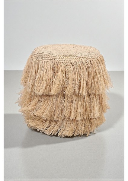 Doğal Lif Püsküllü Puf, 45 Cm, Üç Kat Saçak, Salon Puf, Tabure, Bohem Dekor, Oturma Pufu fırsatları