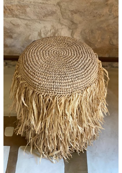 Doğal Lif Püsküllü Puf, 45 Cm, Üç Kat Saçak, Salon Puf, Tabure, Bohem Dekor, Oturma Pufu indirimleri