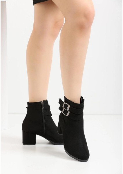 Belle Shoe Kadın Hemera Siyah Süet Çift Tokalı Kısa Bot