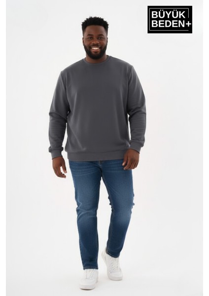 Erkek Büyük Beden Bisiklet Yaka Kollar ve Etek Ribanalı Ince Sweatshirt SPR26BSW956