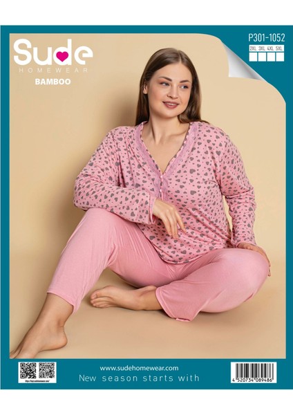 P-301-1052 Bayan Bambu Battal Uzun .kol Pijama Takımı-Pembe--