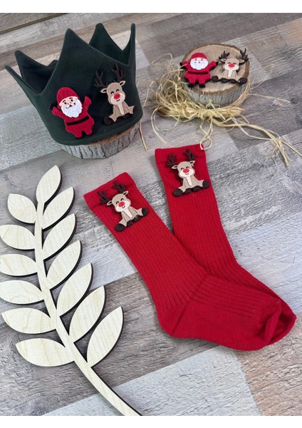Yılbaşı Temalı 1-2 Yaş Çocuk Çorap ve Taç Seti, Noel Baba ve Geyik Tasarımı
