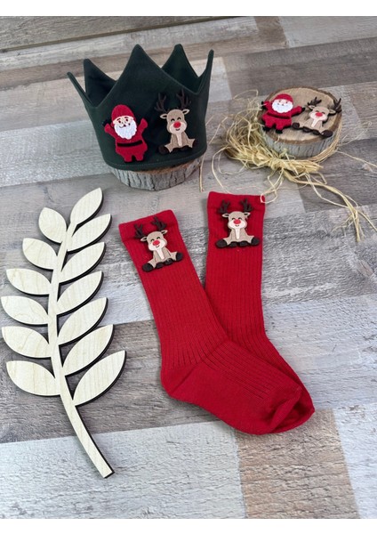 Yılbaşı Temalı 1-2 Yaş Çocuk Çorap ve Taç Seti, Noel Baba ve Geyik Tasarımı fiyatları
