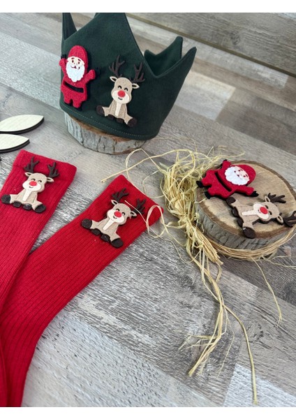 Yılbaşı Temalı 1-2 Yaş Çocuk Çorap ve Taç Seti, Noel Baba ve Geyik Tasarımı modelleri