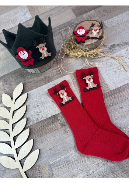 Yılbaşı Temalı 1-2 Yaş Çocuk Çorap ve Taç Seti, Noel Baba ve Geyik Tasarımı fırsatları