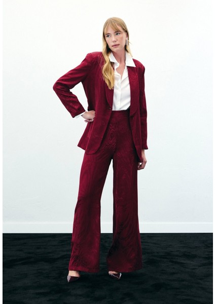 Yüksek Bel Desenli Pantolon - Bordo