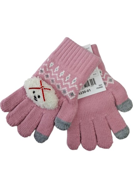 Spteks Kitti 4-8 Yaş Kız Çocuk Pembe Renk Bulut Figürlü Kışlık Örme Eldiven