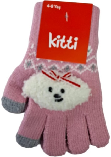 Spteks Kitti 4-8 Yaş Kız Çocuk Pembe Renk Bulut Figürlü Kışlık Örme Eldiven modelleri