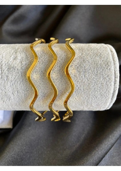 Altın Renk 3 Adet 22 Ayar Kaplama Zikzak Ajda Bilezik Bileklik 22 Cm. - 3288-3
