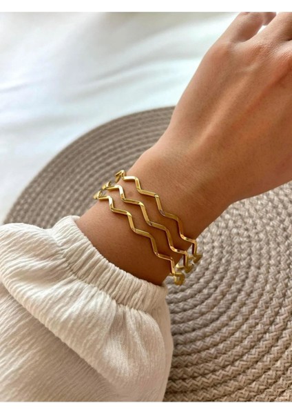Altın Renk 3 Adet 22 Ayar Kaplama Zikzak Ajda Bilezik Bileklik 22 Cm. - 3288-3 modelleri