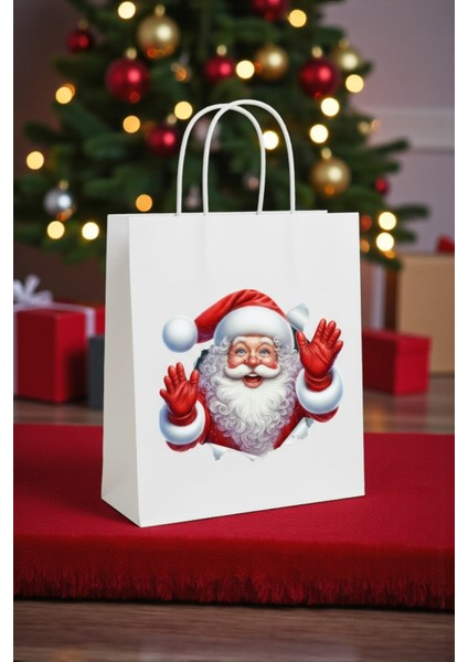 3’lü Beyaz Büküm Saplı Kağıt Hediye Çantası, Noel Baba Temalı, 8X18X24 cm