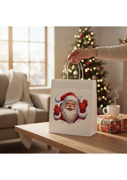 3’lü Beyaz Büküm Saplı Kağıt Hediye Çantası, Noel Baba Temalı, 8X18X24 cm fiyatları