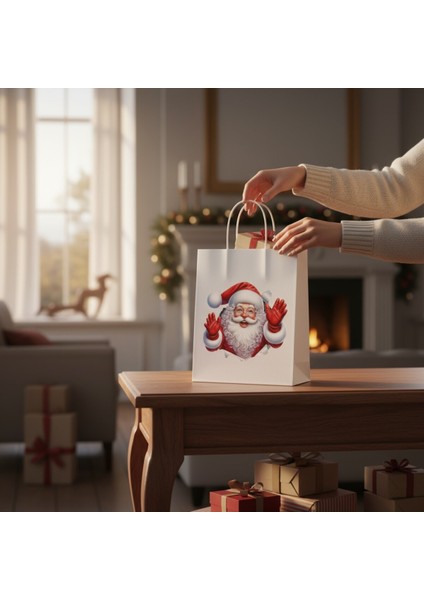 3’lü Beyaz Büküm Saplı Kağıt Hediye Çantası, Noel Baba Temalı, 8X18X24 cm modelleri