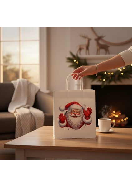 3’lü Beyaz Büküm Saplı Kağıt Hediye Çantası, Noel Baba Temalı, 8X18X24 cm fırsatları