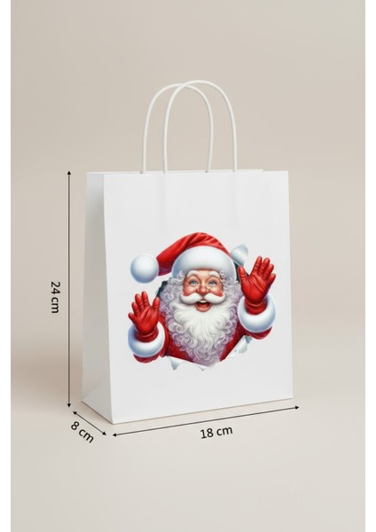 3’lü Beyaz Büküm Saplı Kağıt Hediye Çantası, Noel Baba Temalı, 8X18X24 cm indirimleri