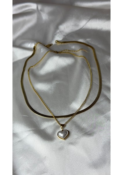 Ikili Kolye Set Beyaz Sedefli Kalp Ezme Zincir Gold Renkli