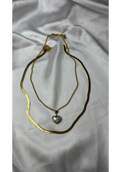 Ikili Kolye Set Beyaz Sedefli Kalp Ezme Zincir Gold Renkli fiyatları
